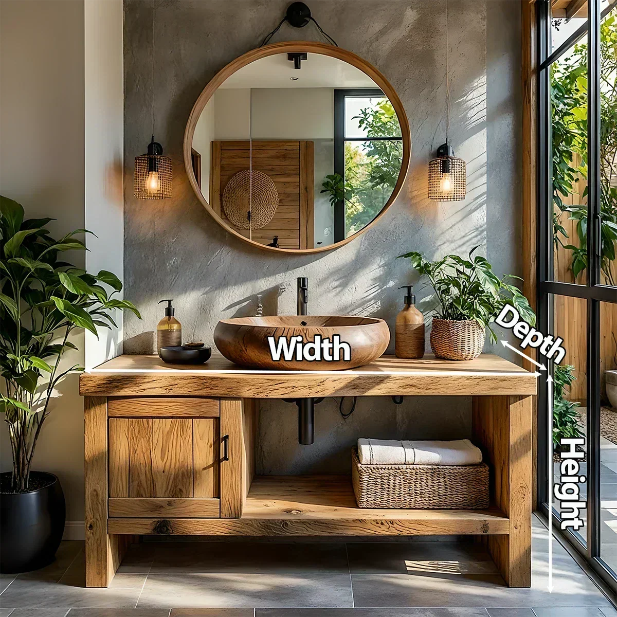 Natural Solid Wood Vanity with Door Cabinet & Open Shelf - Rustira