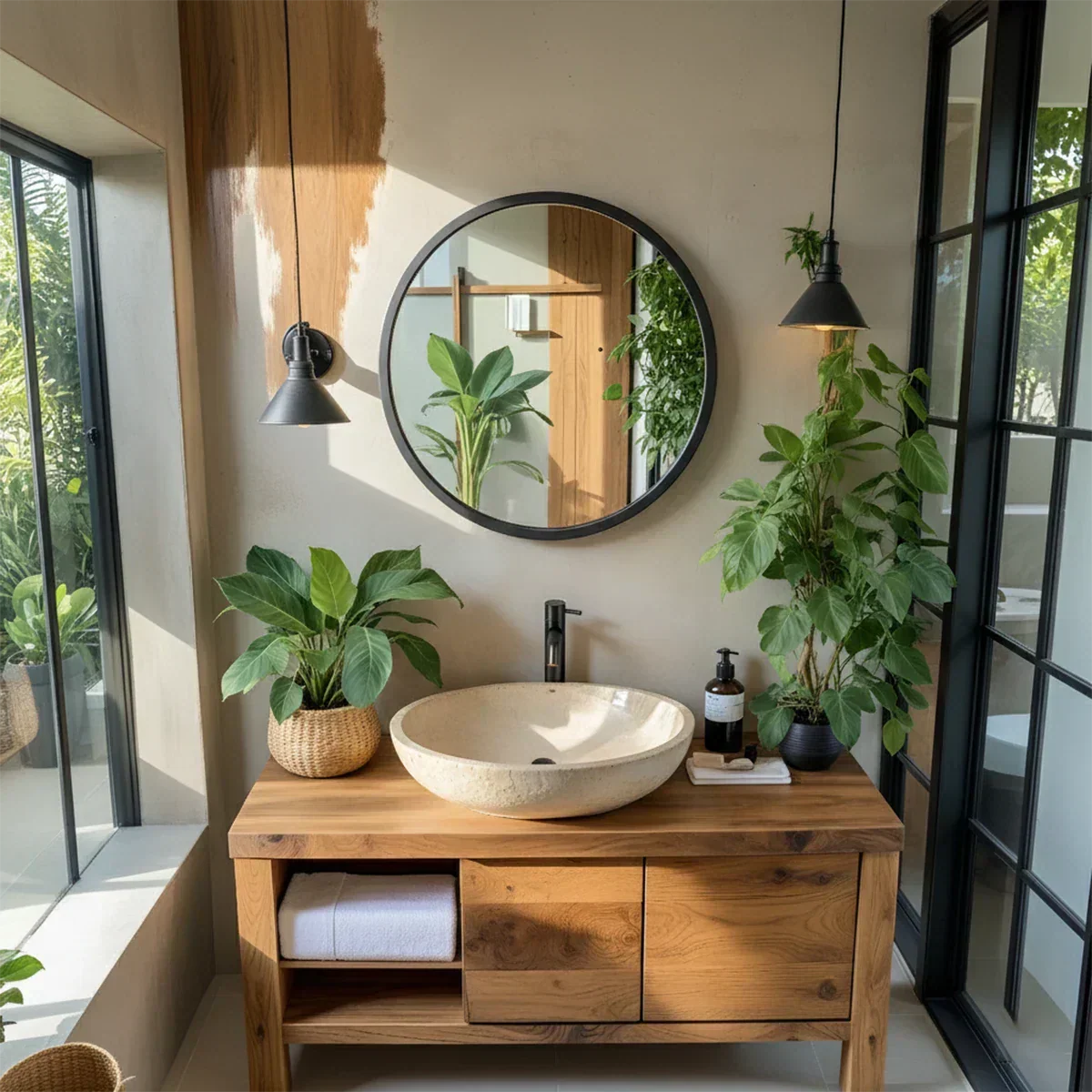 Natural Solid Wood Vanity with Open Shelf & Smooth Grain Doors - Rustira