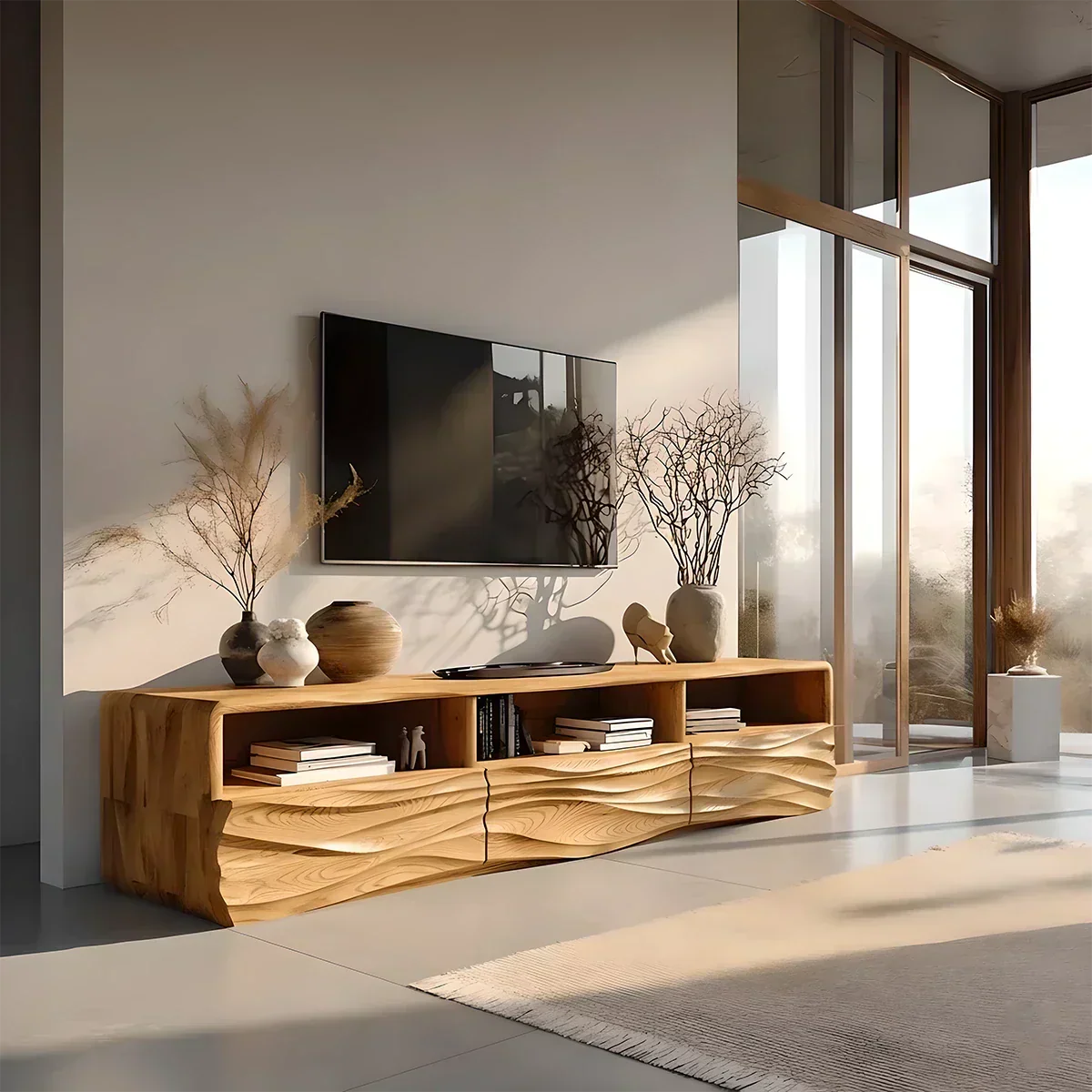 Oak Sculpted TV Stand with Open Shelves – Japandi Media Console - Rustira
