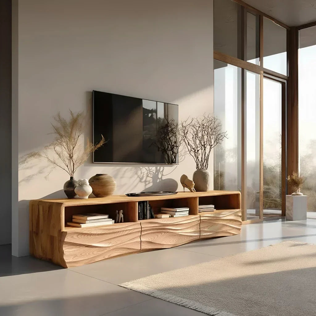 Oak Sculpted TV Stand with Open Shelves – Japandi Media Console - Rustira