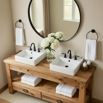 Open Frame Double Sink Solid Wood Vanity – Japandi Rustic Design - Rustira