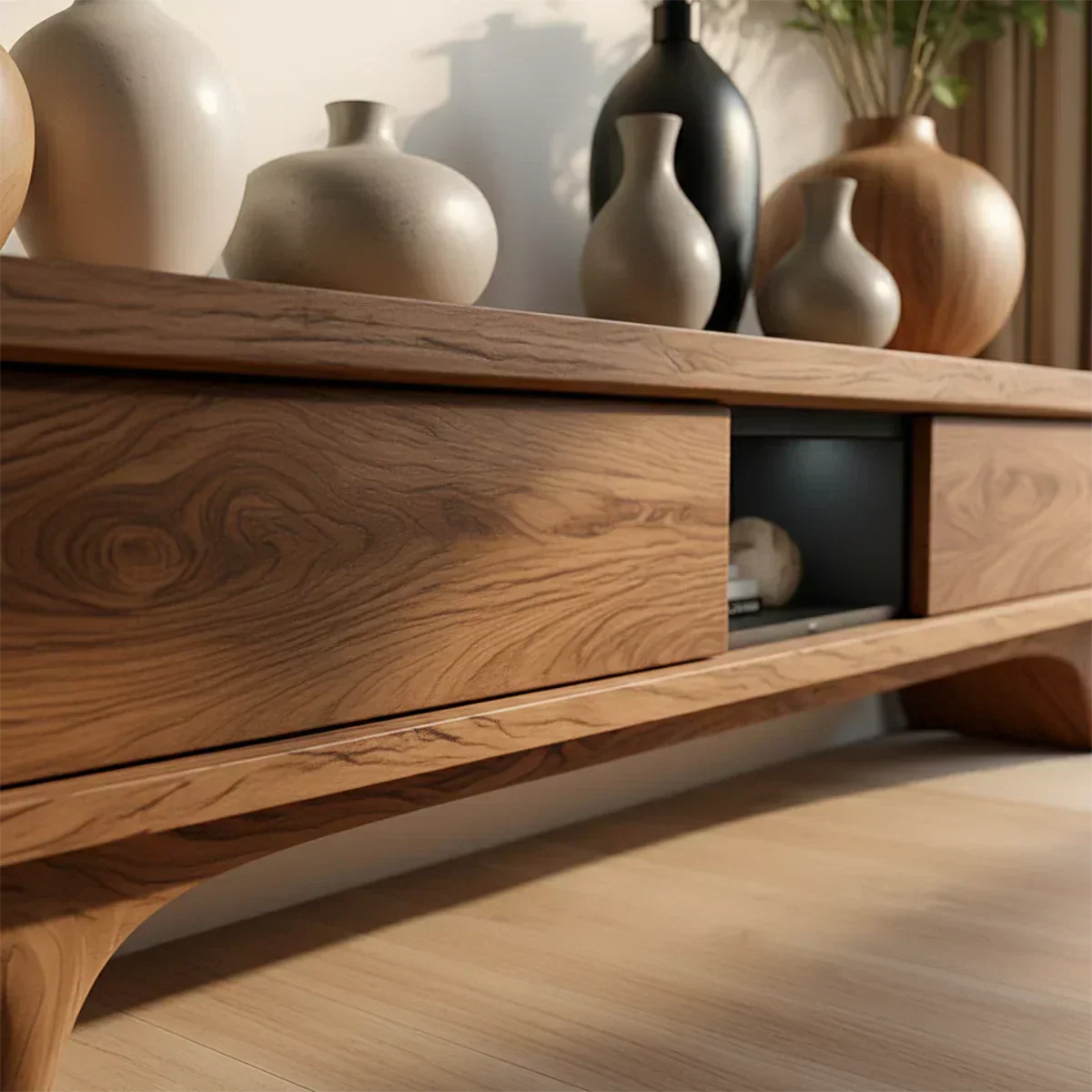 Organic Curved Solid Wood TV Stand – Mid-Century Modern Media Console - Rustira