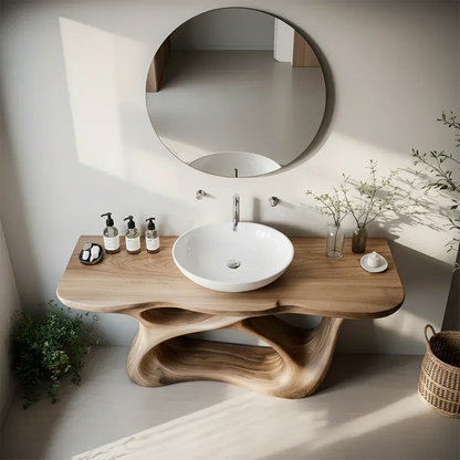 Organic Flow Solid Wood Vanity with Sculptural Form - Rustira