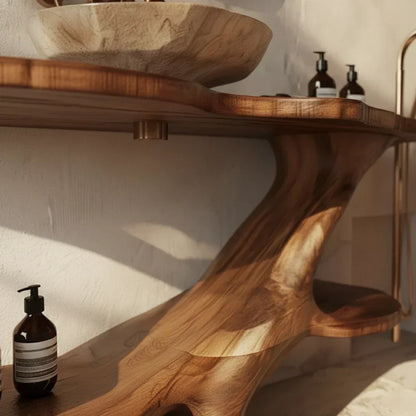 Organic Solid Wood Bathroom Vanity With Sculptural Base & Shelf - Rustira