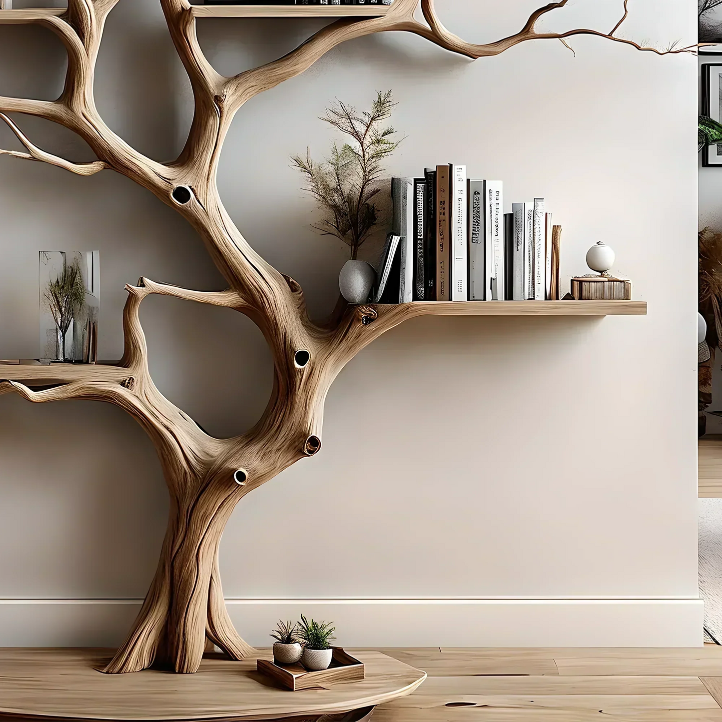 Tree-shaped wall-mounted bookshelf, solid wood scahs shelf, decorative wall shelf for living room decoration