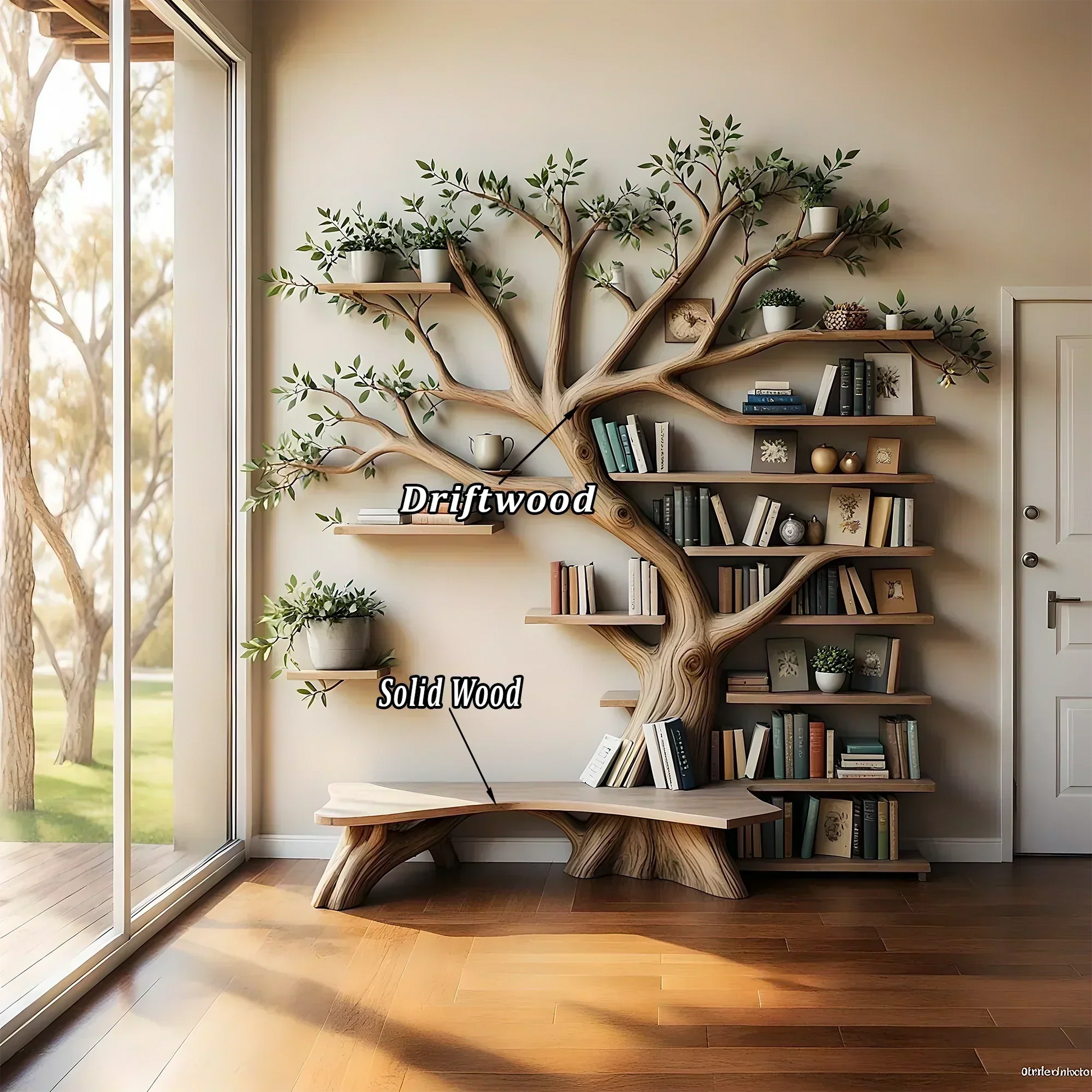Solid wood tree shaped bookshelf, library bookshelf