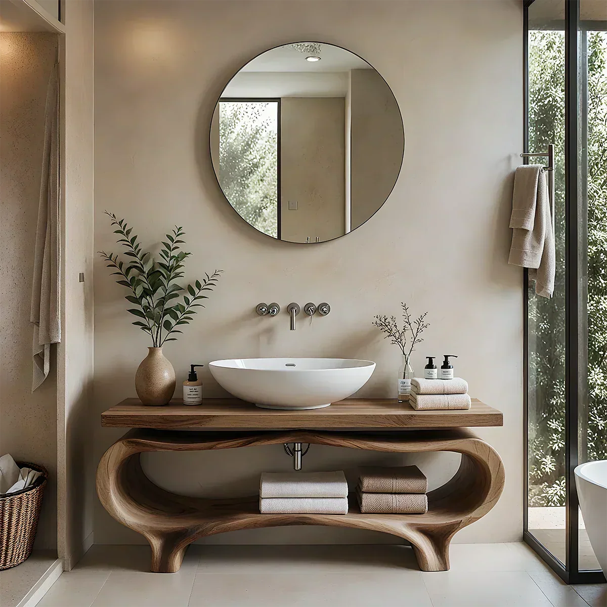 Organic Wave Solid Wood Vanity – Sculpted Open Shelf Spa Console - Rustira