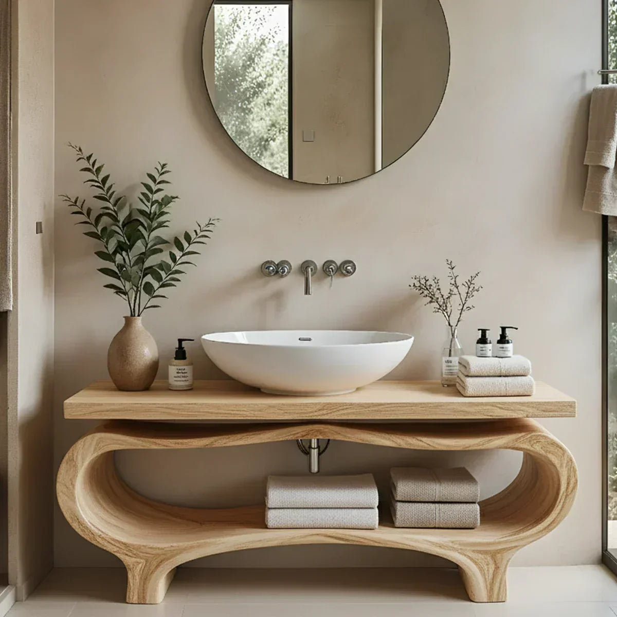 Organic Wave Solid Wood Vanity – Sculpted Open Shelf Spa Console - Rustira