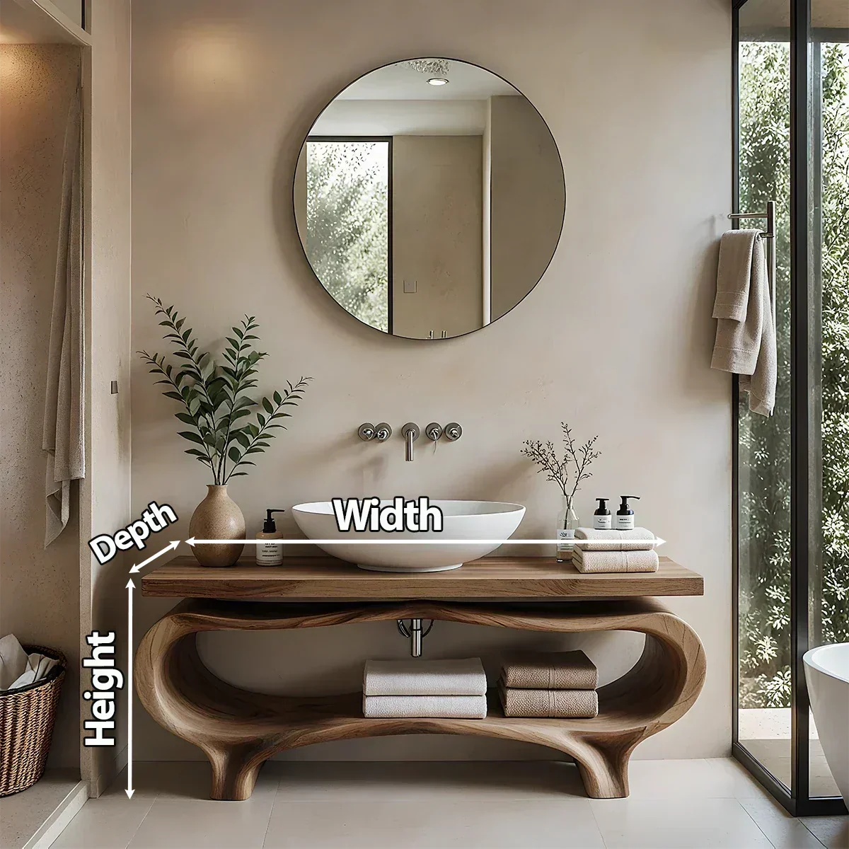 Organic Wave Solid Wood Vanity – Sculpted Open Shelf Spa Console - Rustira