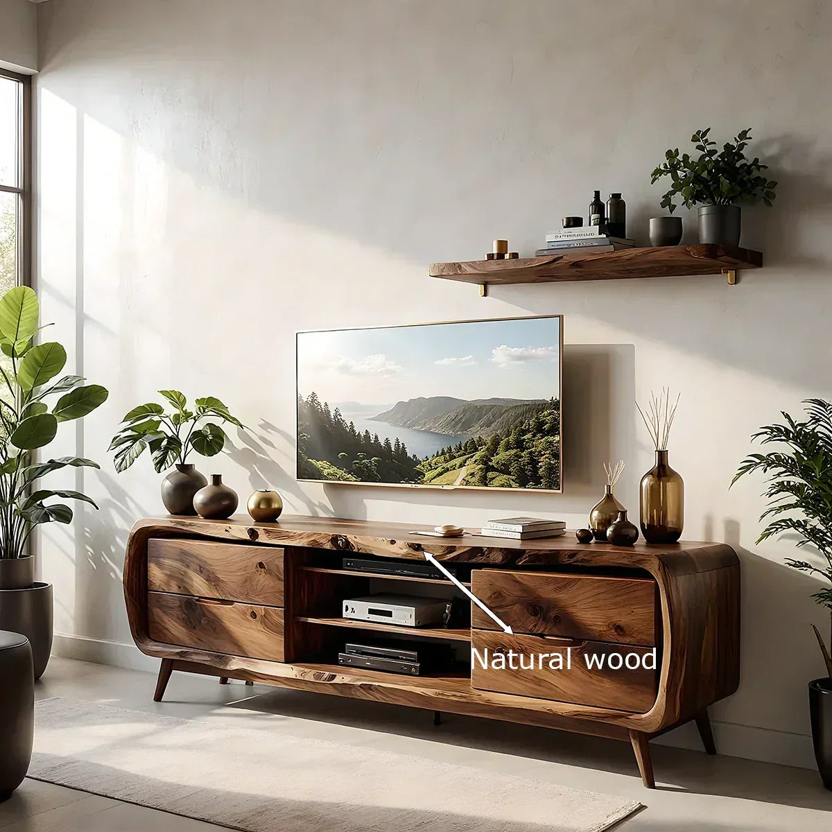 Rounded Edge Solid Wood TV Stand - Organic Modern Media Console - Rustira