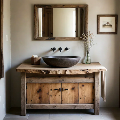 Rustic Natural Solid Wood Vanity with Live-Edge Top - Rustira