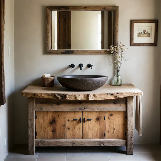 Rustic Natural Solid Wood Vanity with Live-Edge Top - Rustira