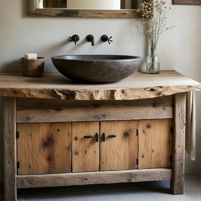 Rustic Natural Solid Wood Vanity with Live-Edge Top - Rustira