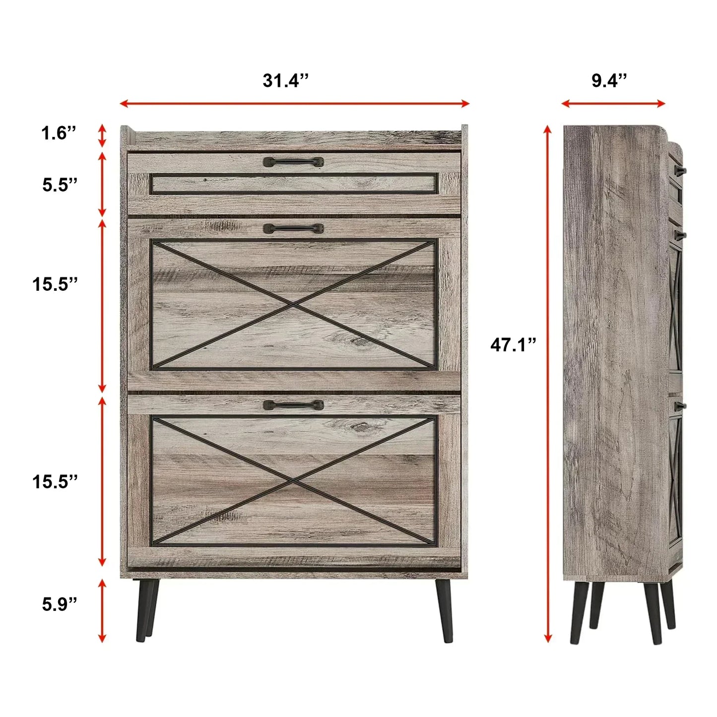 Rustic Slim Shoe Cabinet with Drawer – 3 Flip Tiers, Space-Saving