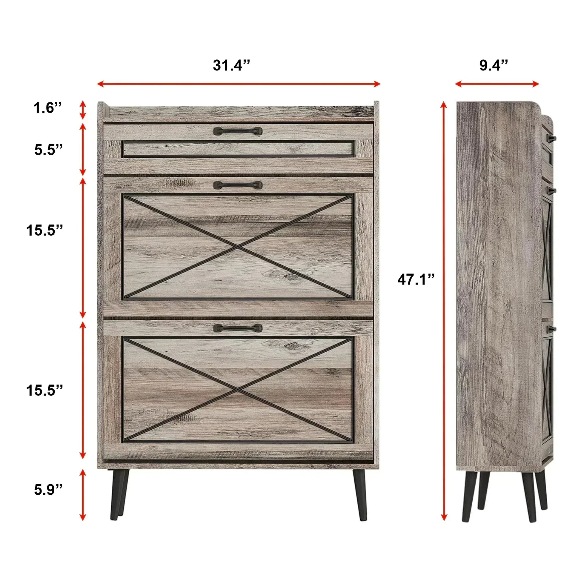 Rustic Slim Shoe Cabinet with Drawer – 3 Flip Tiers, Space-Saving