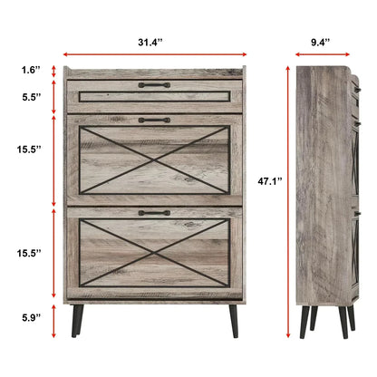 Rustic Slim Shoe Cabinet with Drawer – 3 Flip Tiers, Space-Saving