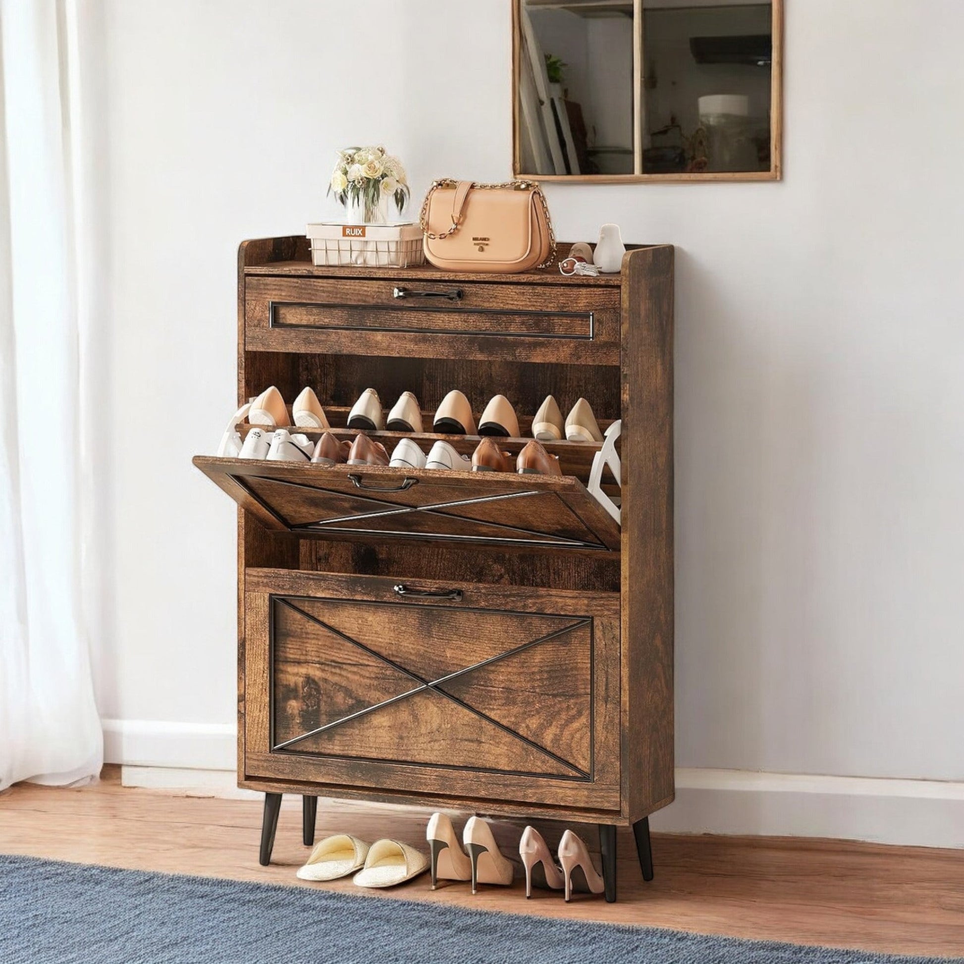 Rustic Slim Shoe Cabinet with Drawer – 3 Flip Tiers, Space-Saving