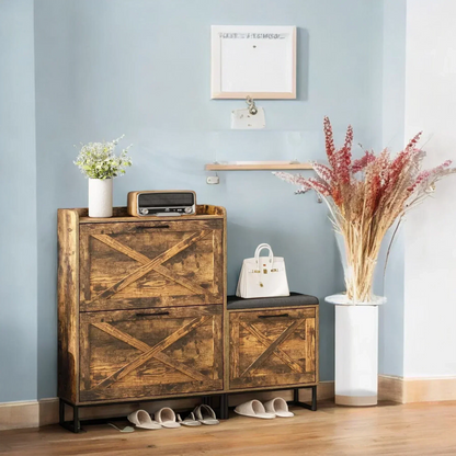 Rustic Wooden Shoe Cabinet with Cushioned Bench & Storage Drawers