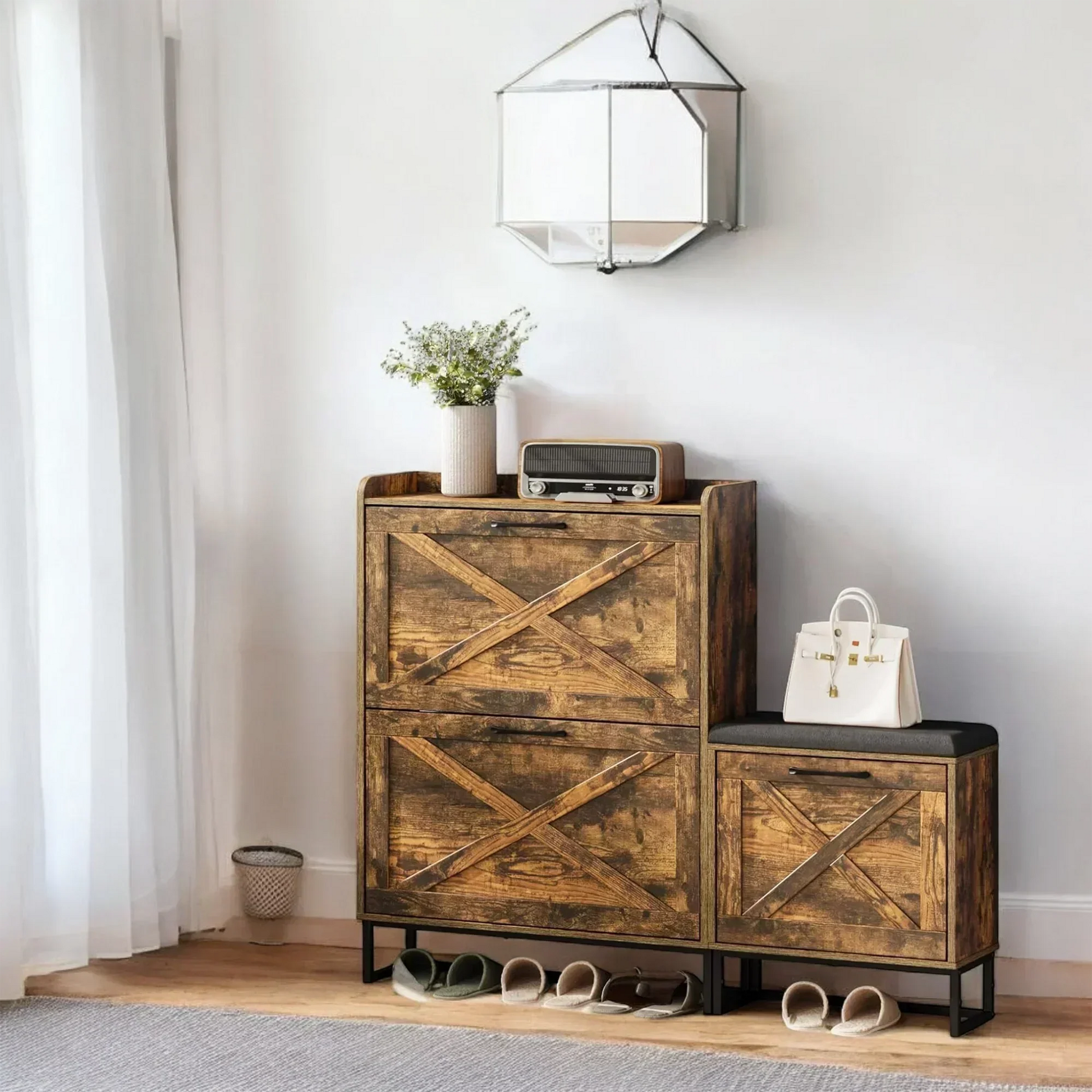 Rustic Wooden Shoe Cabinet with Cushioned Bench & Storage Drawers