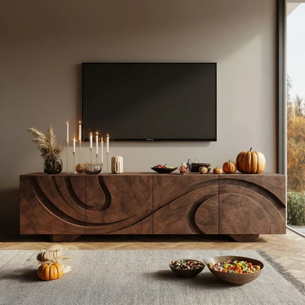 Sculpted Dark Walnut TV Stand — Lunar Tide Edition - Rustira