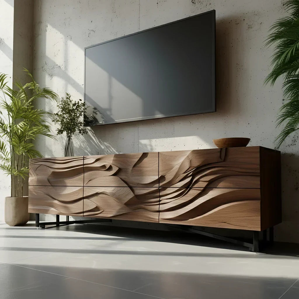Sculpted Walnut TV Stand – Fluid Organic Modern Media Console - Rustira