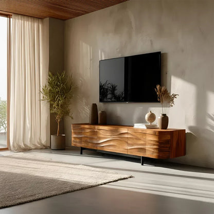 Sculpted Wave Solid Wood TV Stand — Warm Sands Finish - Rustira
