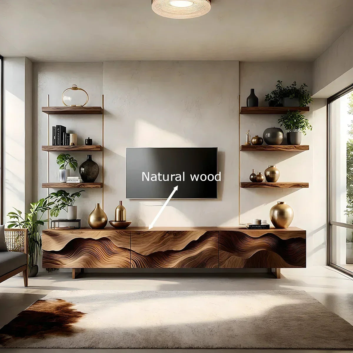 Sculpted Wave Walnut TV Console - Floating Organic Media Cabinet - Rustira