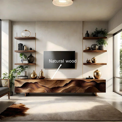 Sculpted Wave Walnut TV Console - Floating Organic Media Cabinet - Rustira