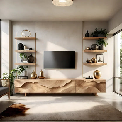 Sculpted Wave Walnut TV Console - Floating Organic Media Cabinet - Rustira