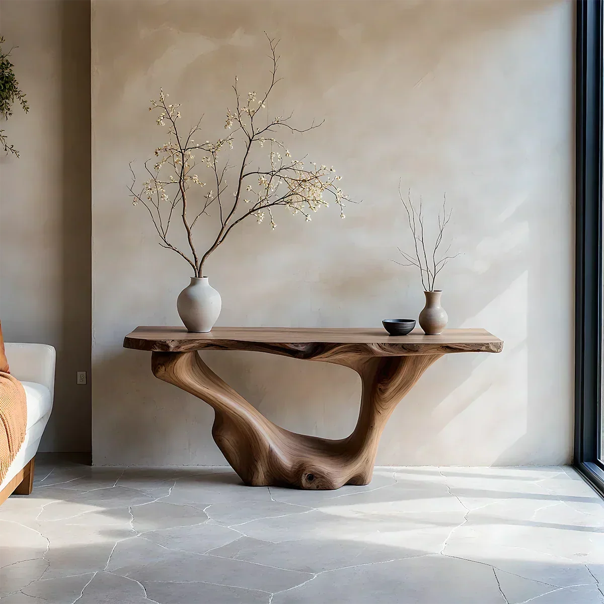 Sculptural Organic Solid Wood Console Table – Art Form Base - Rustira