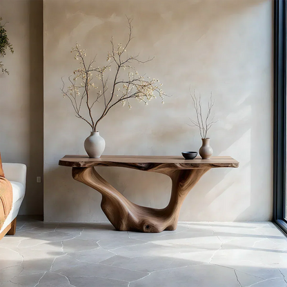 Sculptural Organic Solid Wood Console Table – Art Form Base - Rustira