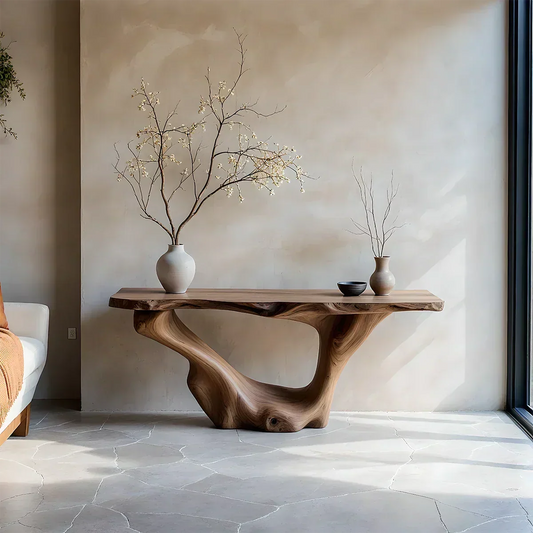 Sculptural Organic Solid Wood Console Table – Art Form Base - Rustira