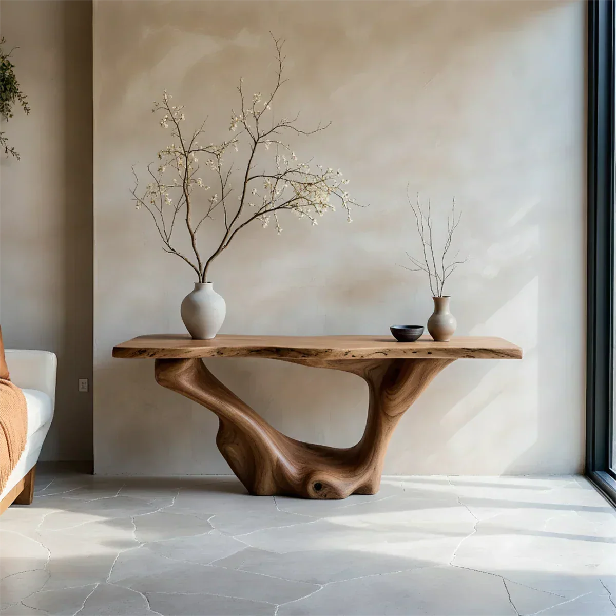 Sculptural Organic Solid Wood Console Table – Art Form Base - Rustira