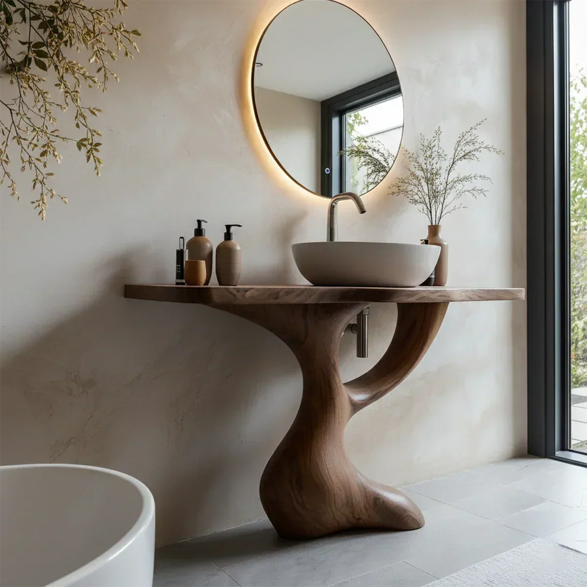 Sculptural Pedestal Wood Vanity – Organic Modern Bathroom Sink Table - Rustira