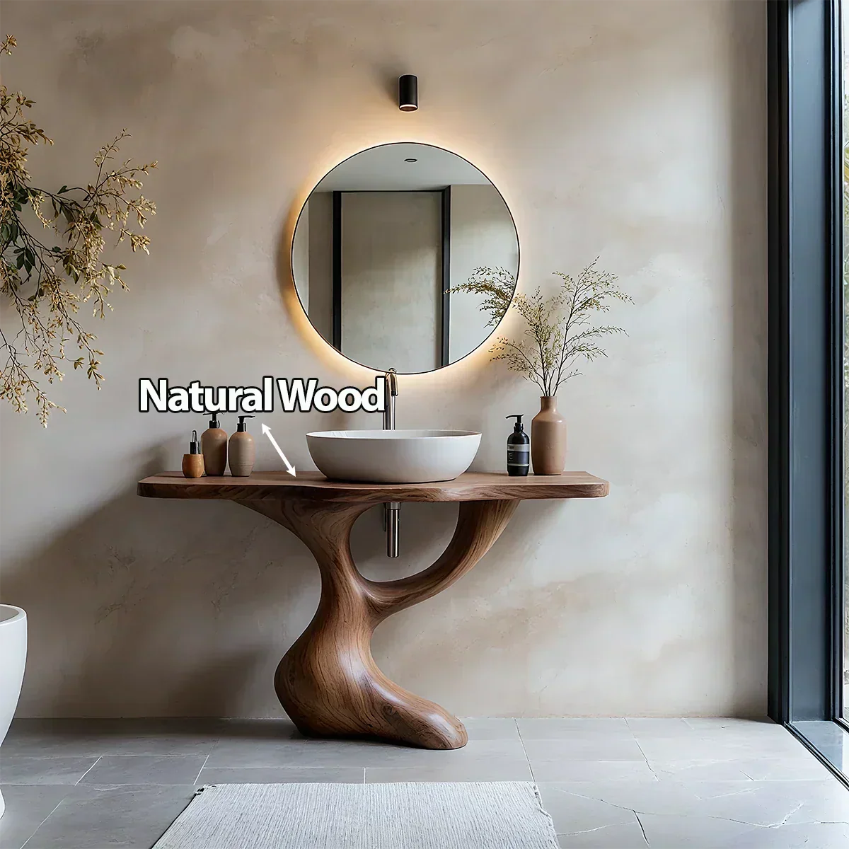 Sculptural Pedestal Wood Vanity – Organic Modern Bathroom Sink Table - Rustira
