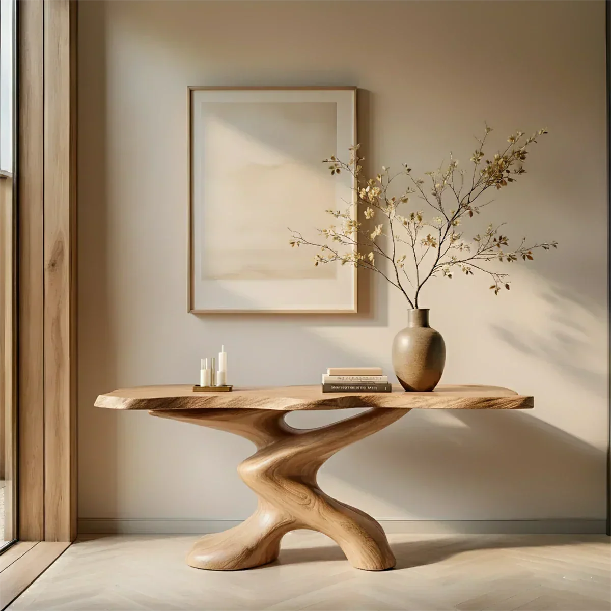 Sculptural Solid Wood Console Table — Organic Japandi Entryway Art Piece - Rustira