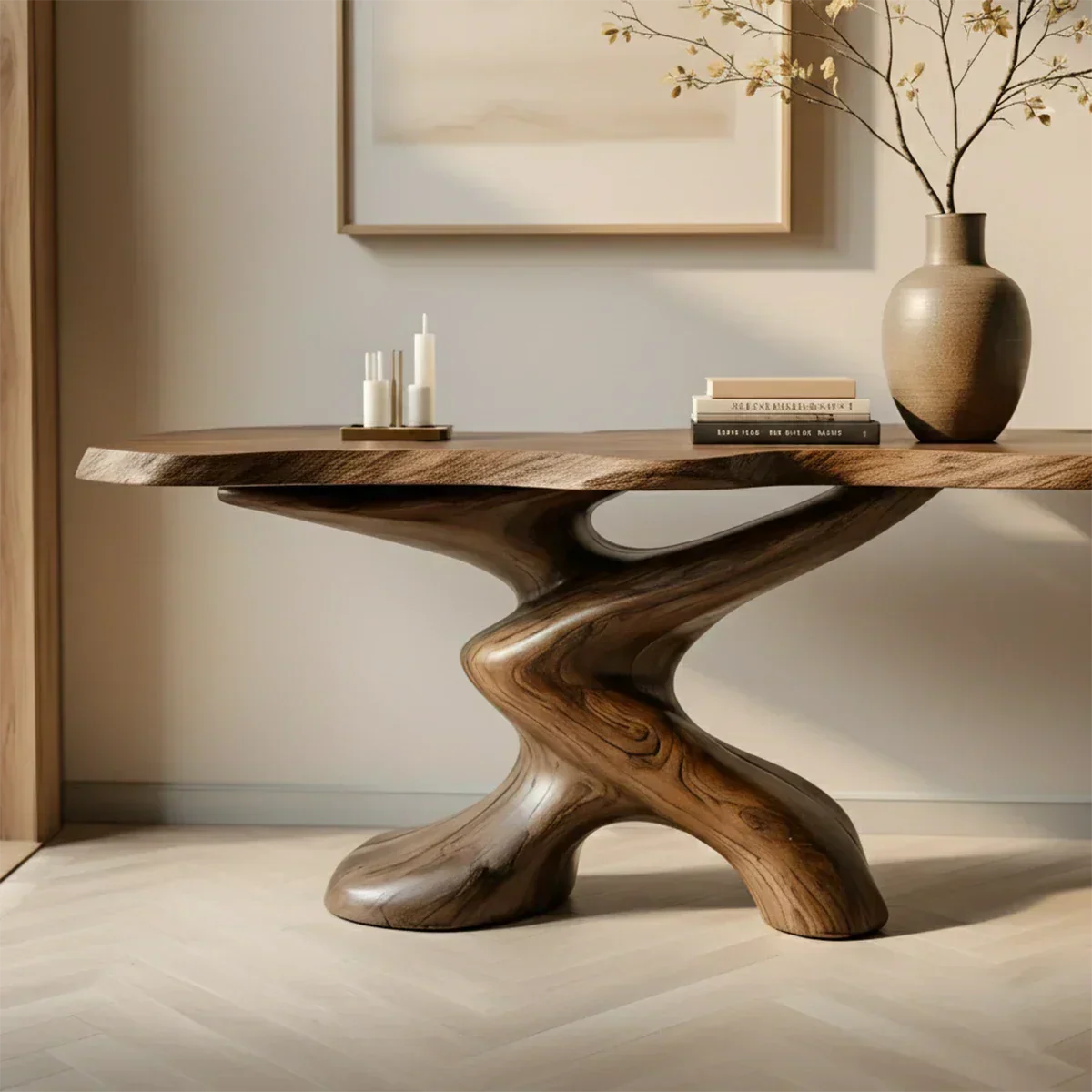 Sculptural Solid Wood Console Table — Organic Japandi Entryway Art Piece - Rustira