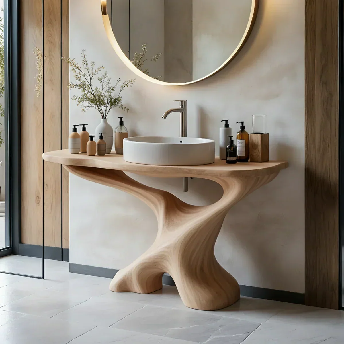 Sculptural Solid Wood Pedestal Vanity – Organic Modern Bathroom Sink Stand - Rustira