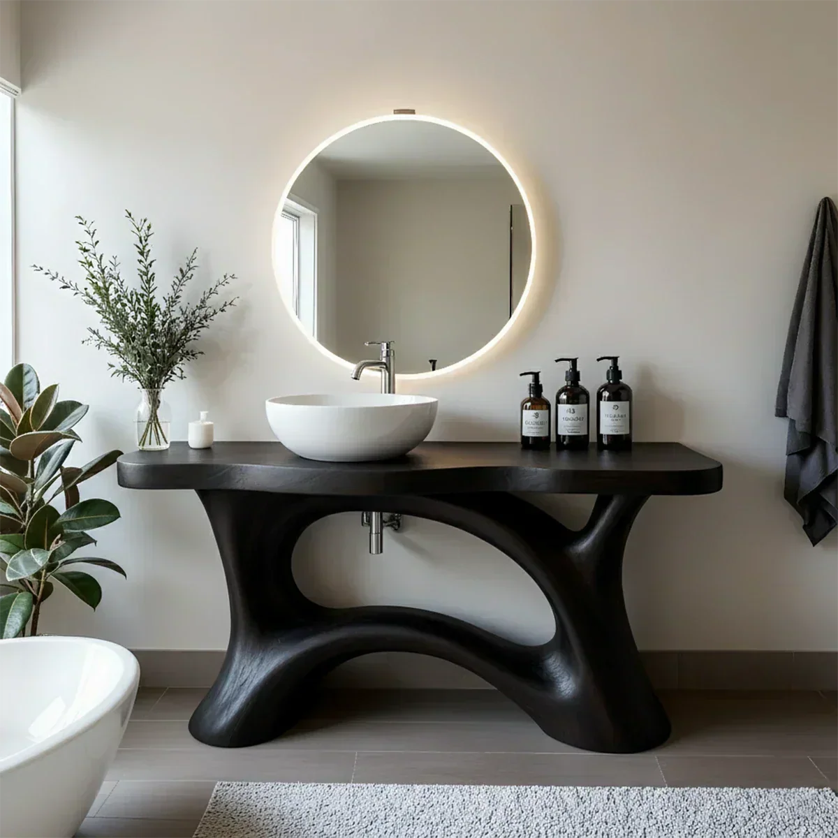 Sculptural Solid Wood Vanity with Organic Arched Base - Rustira