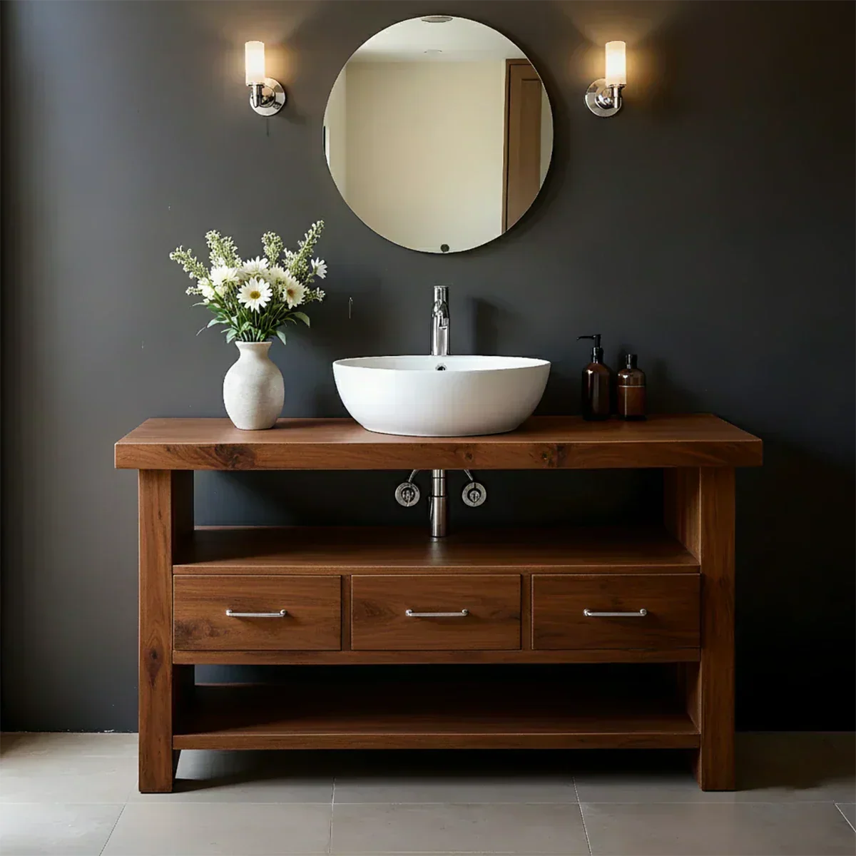 Single Sink Solid Wood Bathroom Vanity – Japandi Minimalist Design - Rustira