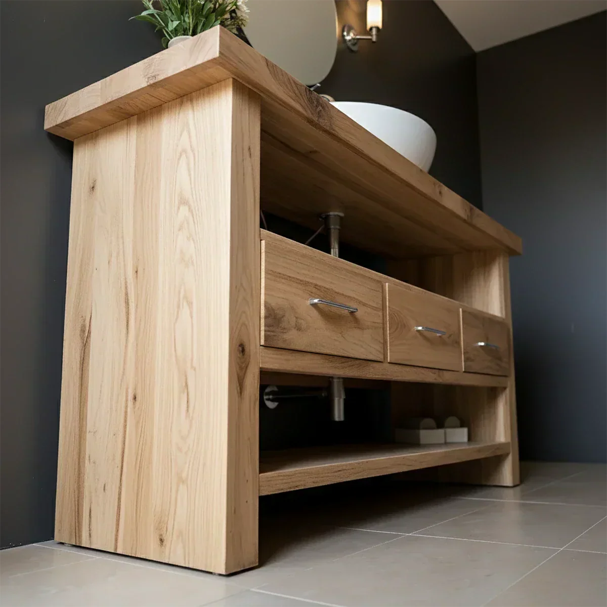 Single Sink Solid Wood Bathroom Vanity – Japandi Minimalist Design - Rustira