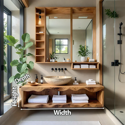 Solid Wood Bathroom Vanity with Open Shelves – Japandi Spa Console - Rustira