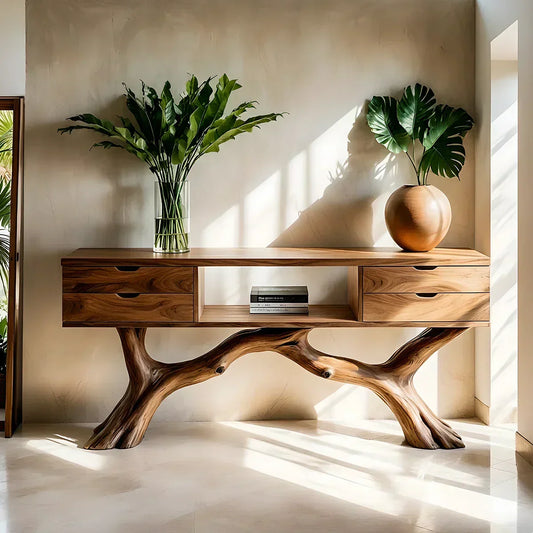 Solid Wood Console Table with Branch-Form Base & Storage Drawers - Rustira