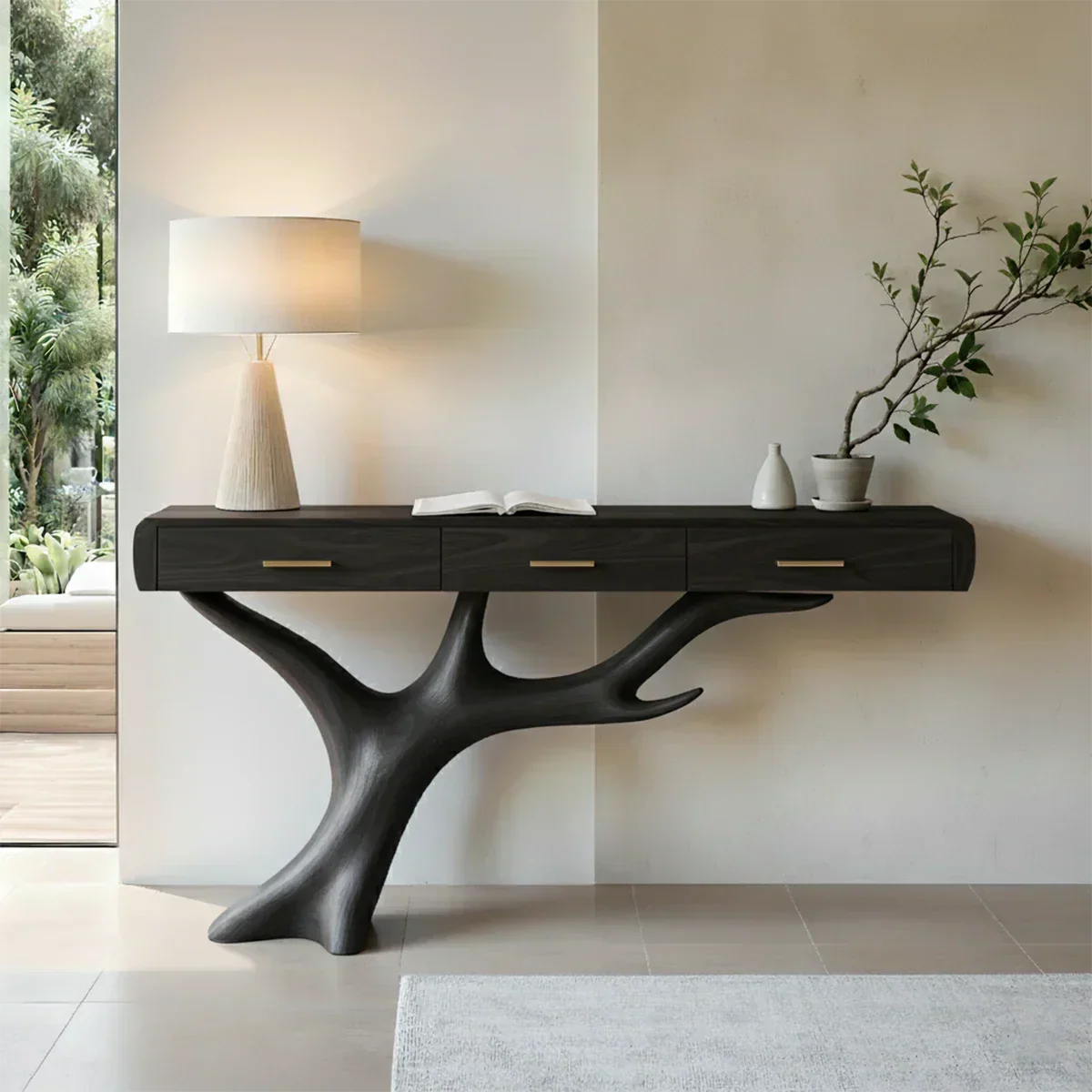 Solid Wood Console Table with Branch-Sculpted Base & Drawers - Rustira