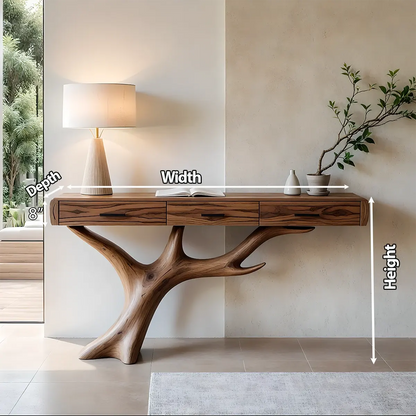 Solid Wood Console Table with Branch-Sculpted Base & Drawers - Rustira