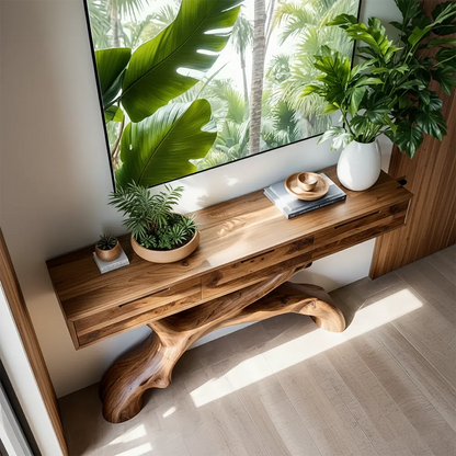 Solid Wood Console Table with Branch-Sculpted Base & Drawers - Rustira