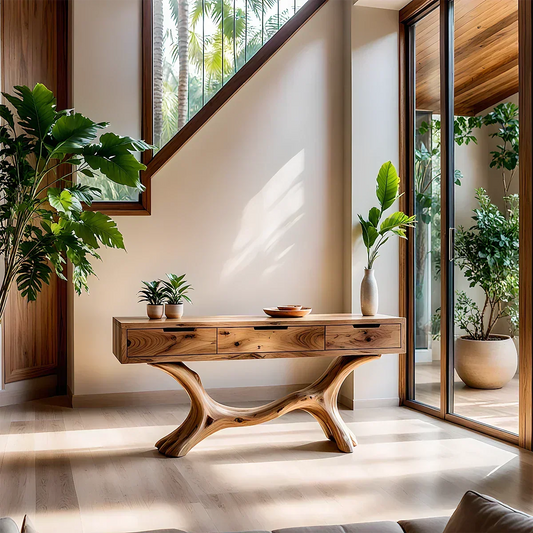 Solid Wood Console Table with Branch-Sculpted Base & Three Drawers - Rustira
