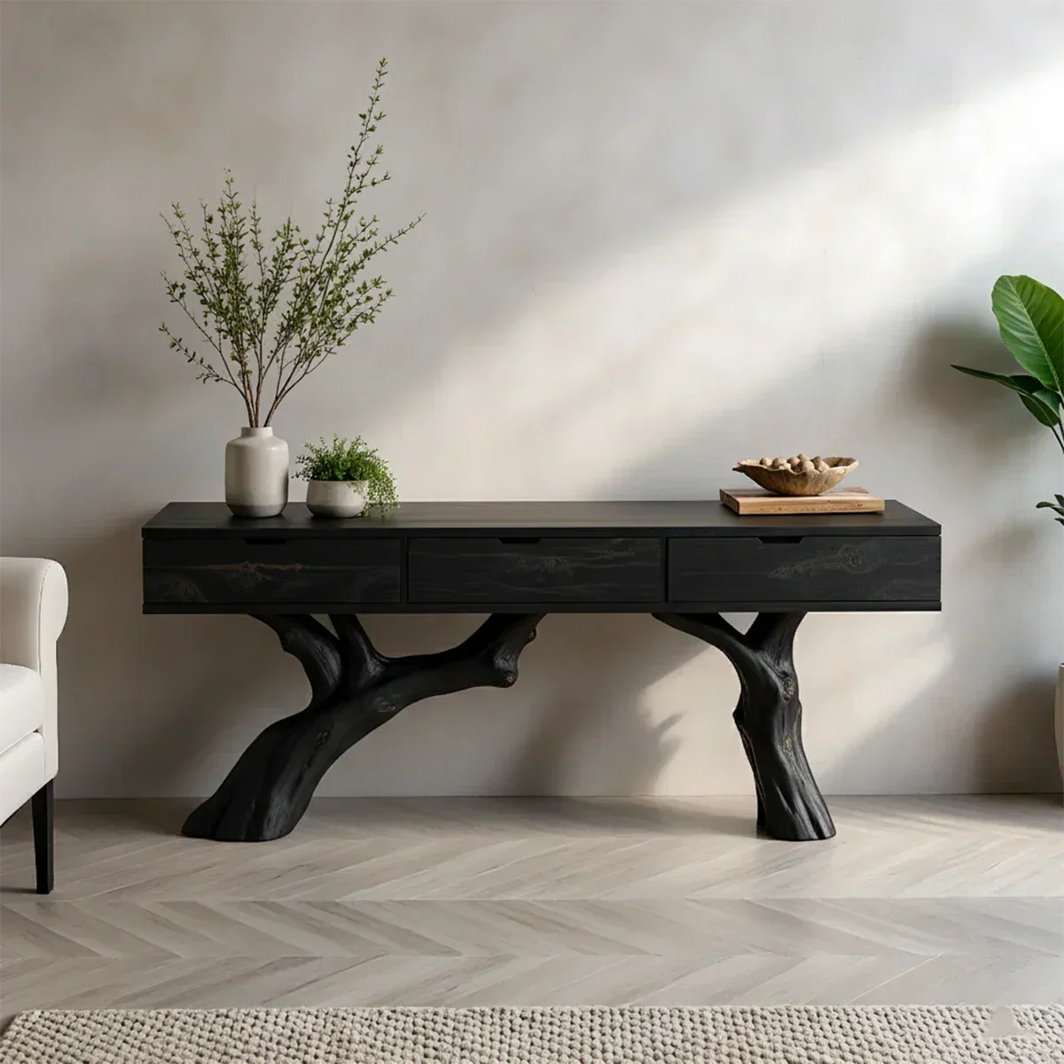 Solid Wood Console Table with Branch-Style Base & Hidden Pull Drawers - Rustira