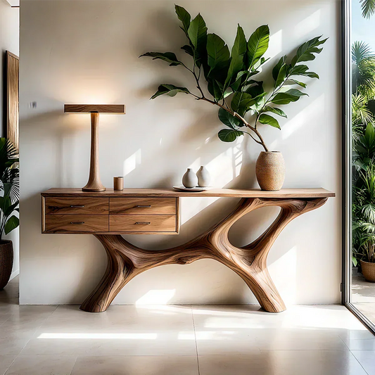 Solid Wood Console Table with Fluid Sculptural Base & Drawers - Rustira