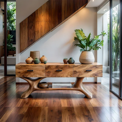Solid Wood Console Table with Organic Sculptural Base & Drawers - Rustira